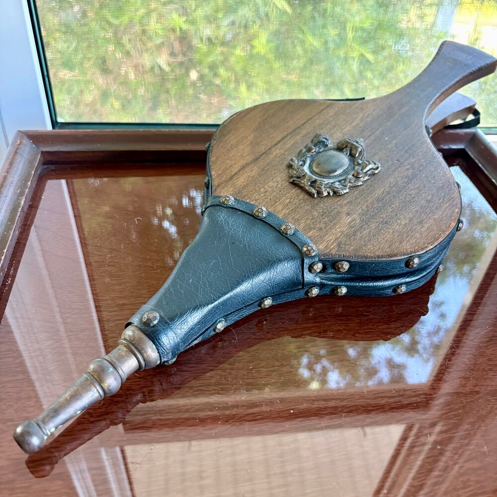 Vintage Wood Leather Fireplace Bellows, Brass Hearth Tool